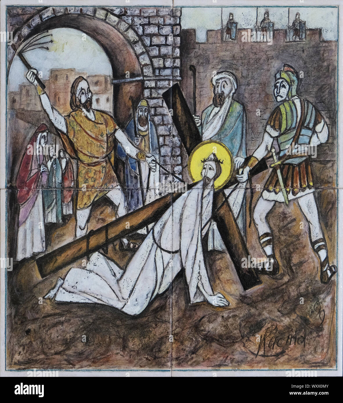 7 Stationen des Kreuzes, Jesus fällt zum zweiten Mal unter dem Kreuz, Kirche des Hl. Matthäus in Dugave, Zagreb, Kroatien Stockfoto