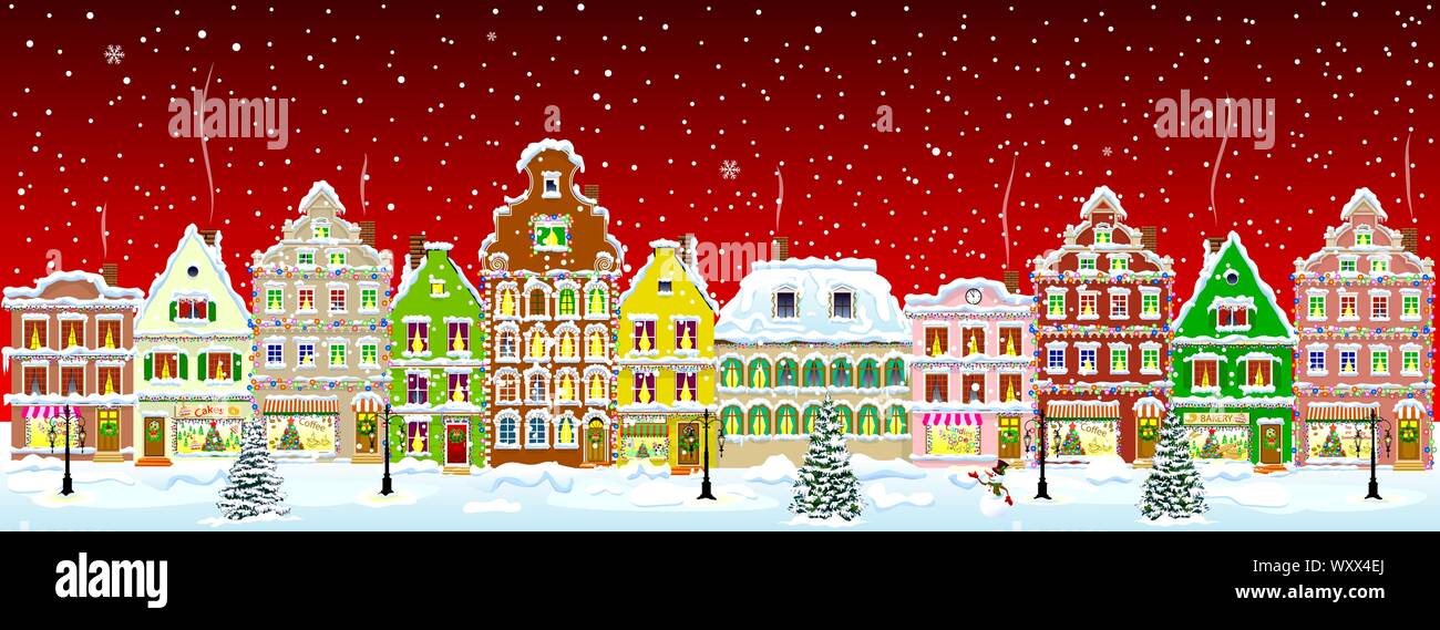 Winter Nacht in der Altstadt am Vorabend von Weihnachten. Stadt Straße im Winter. Heiligabend. Die Häuser sind mit Schnee bedeckt. Schnee auf einer Straße der Stadt. Uhr Stock Vektor