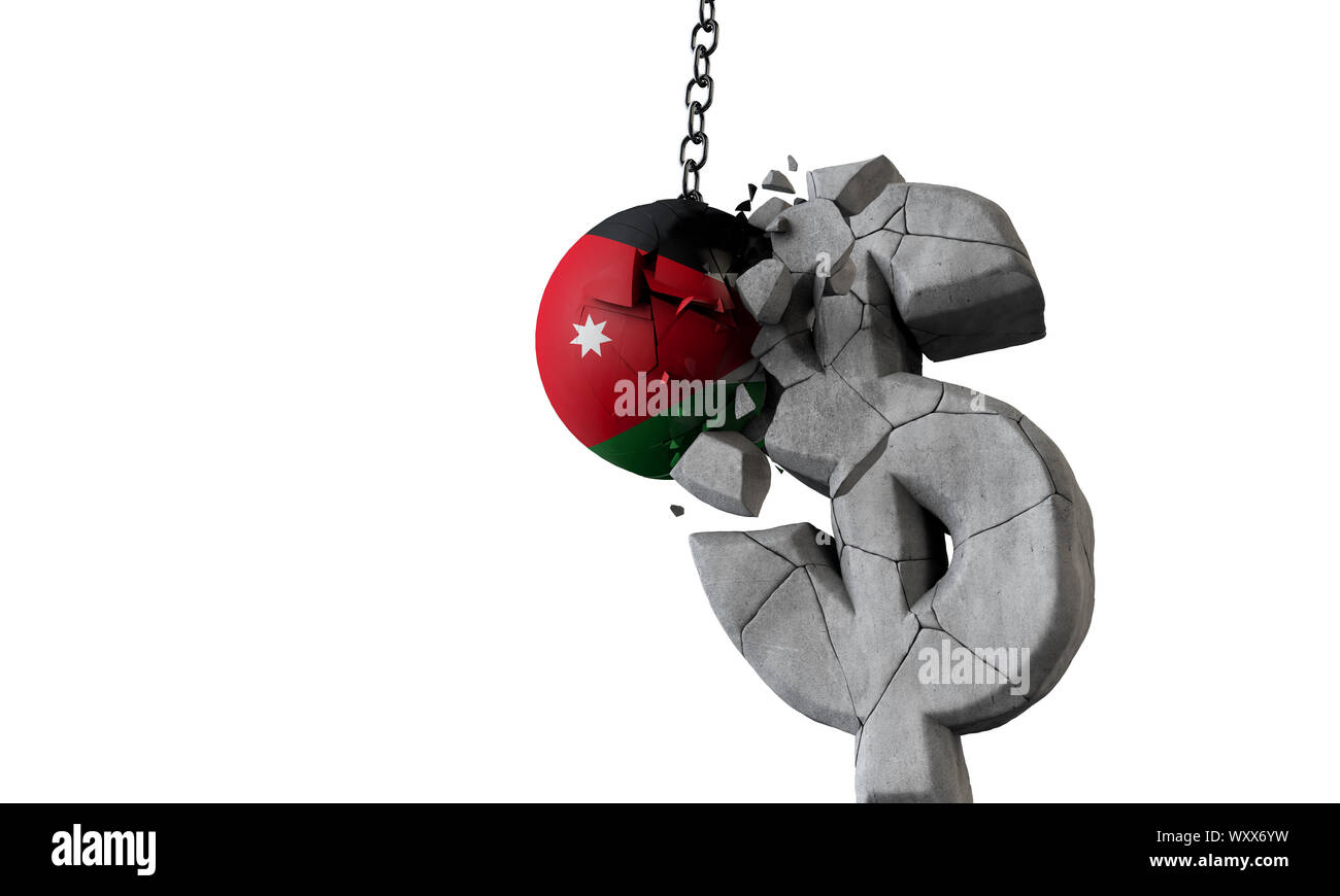 Jordanien Flagge Kugel zertrümmern einer USA-Währung Symbol. 3D-Rendering Stockfoto