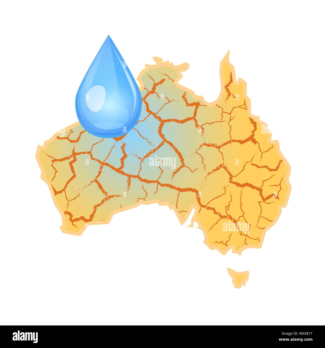 Australien braucht Wasser. Wasserknappheit globales Konzept. Die Dürre in Australien und einem Tropfen Wasser. Natur Katastrophe. Vector Illustration, auf weißem Hintergrund. Stock Vektor