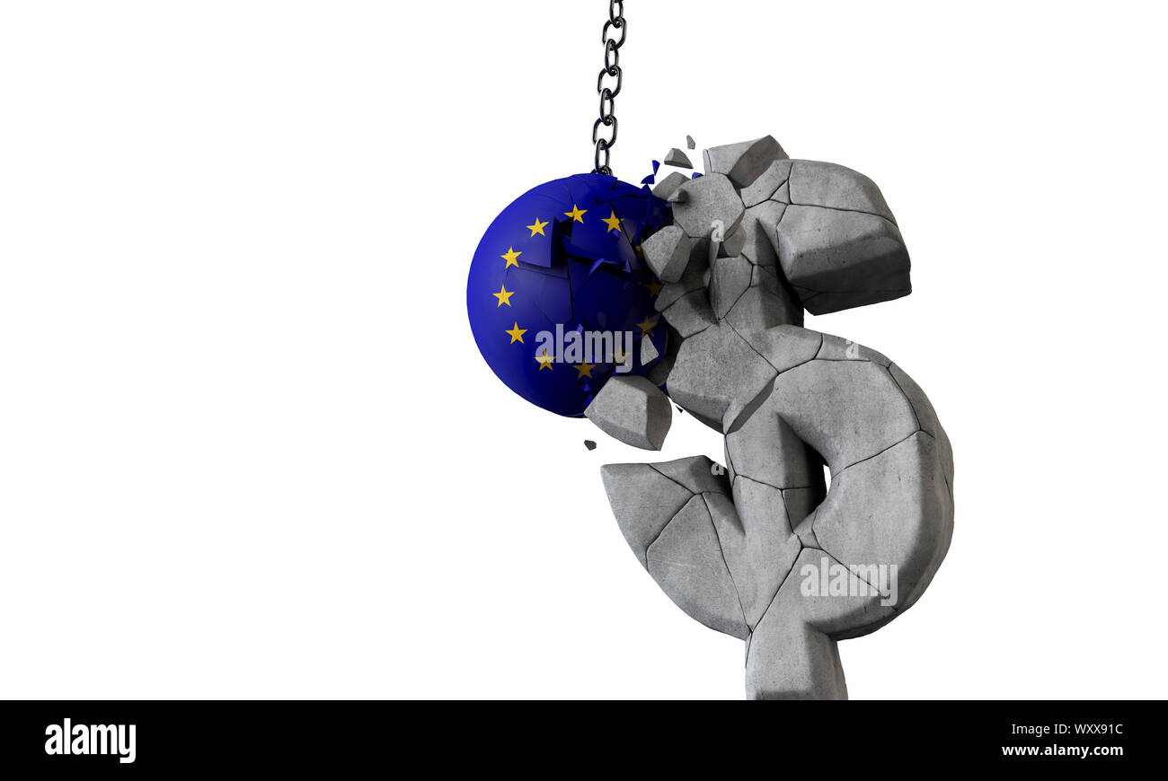 EU-Flagge Kugel zertrümmern einer USA-Währung Symbol. 3D-Rendering Stockfoto