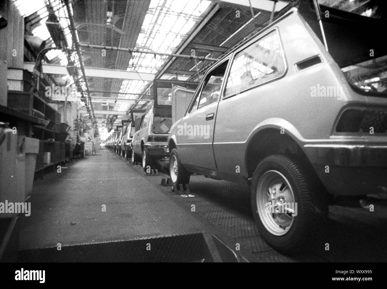 Mailand (Italien), 1975, Montagelinien stoppte in der innocenti Leyland Auto werkseitig bei Lambrate, durch Arbeitnehmer für Protest gegen Entlassungen besetzten Stockfoto