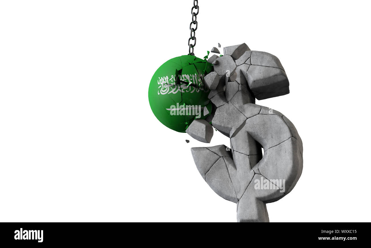 Saudi Arabien Fahne Kugel zertrümmern einer USA-Währung Symbol. 3D-Rendering Stockfoto