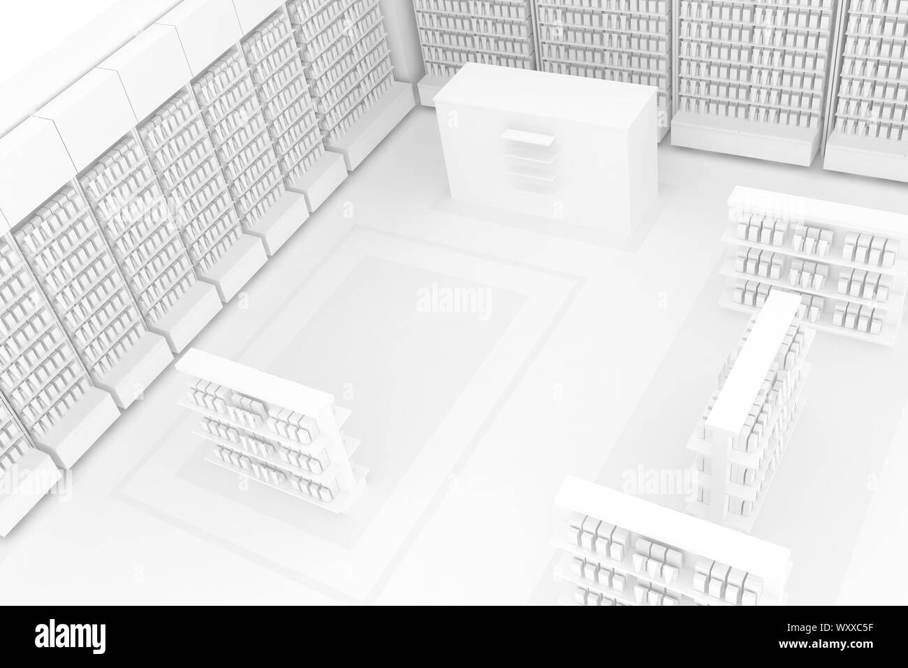 3D-Illustration Rendering. Sauber Apotheke Blick auf weißem Hintergrund für Präsentation und mockup Blaupausen. Architektur der Moderne Stockfoto