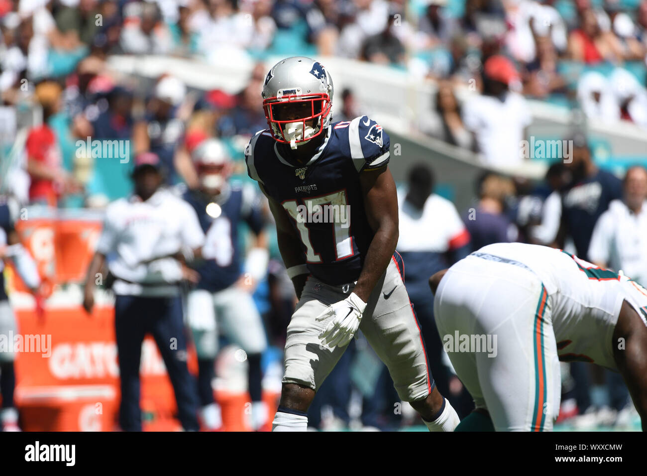 September 15, 2019: Antonio Braun #17 der New England Patriots in der NFL Football Spiel zwischen den Miami Dolphins und die New England Patriots im Hard Rock Stadion in Miami Gardens FL. Die Patrioten besiegt die Delphine 43-0. Stockfoto