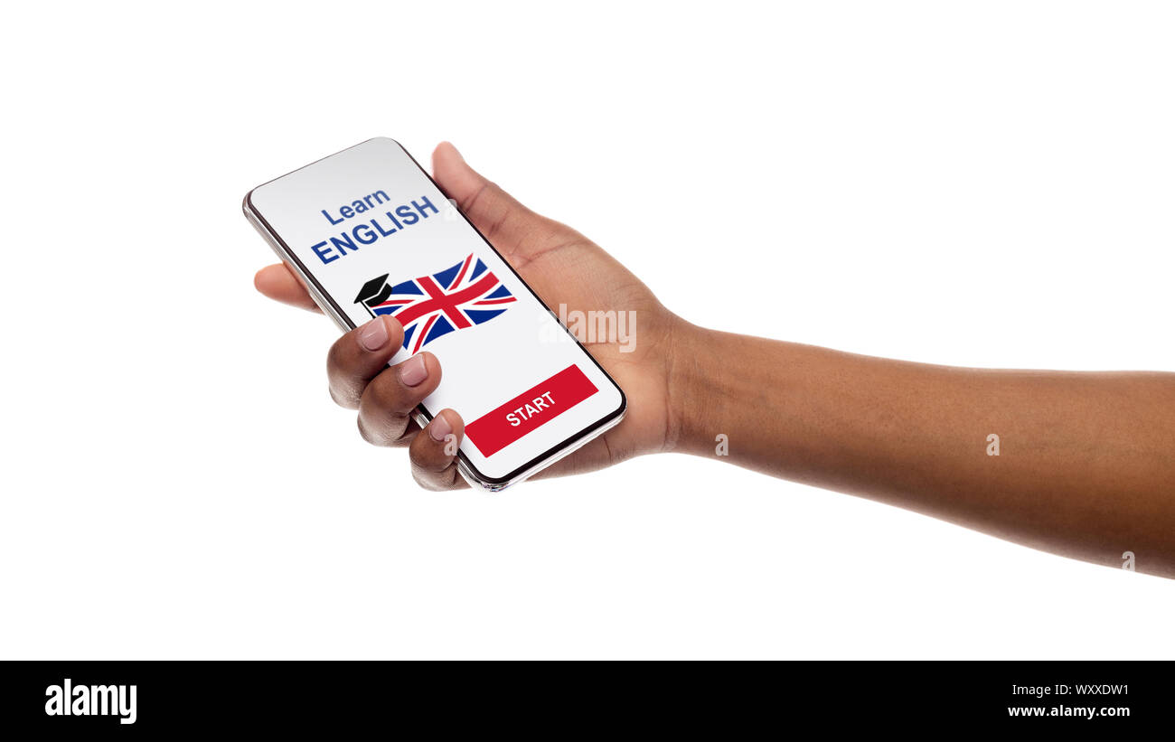 Sprache pädagogische App auf dem Smartphone in der schwarzen Frau. Stockfoto