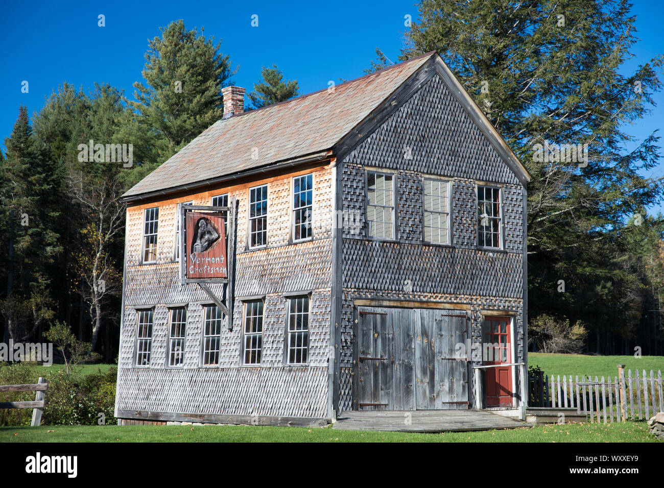 Holzschindeln Gebäude für Vermont Handwerker, Preservation Trust von Vermont in Weston Southern Vermont, New England, USA Stockfoto