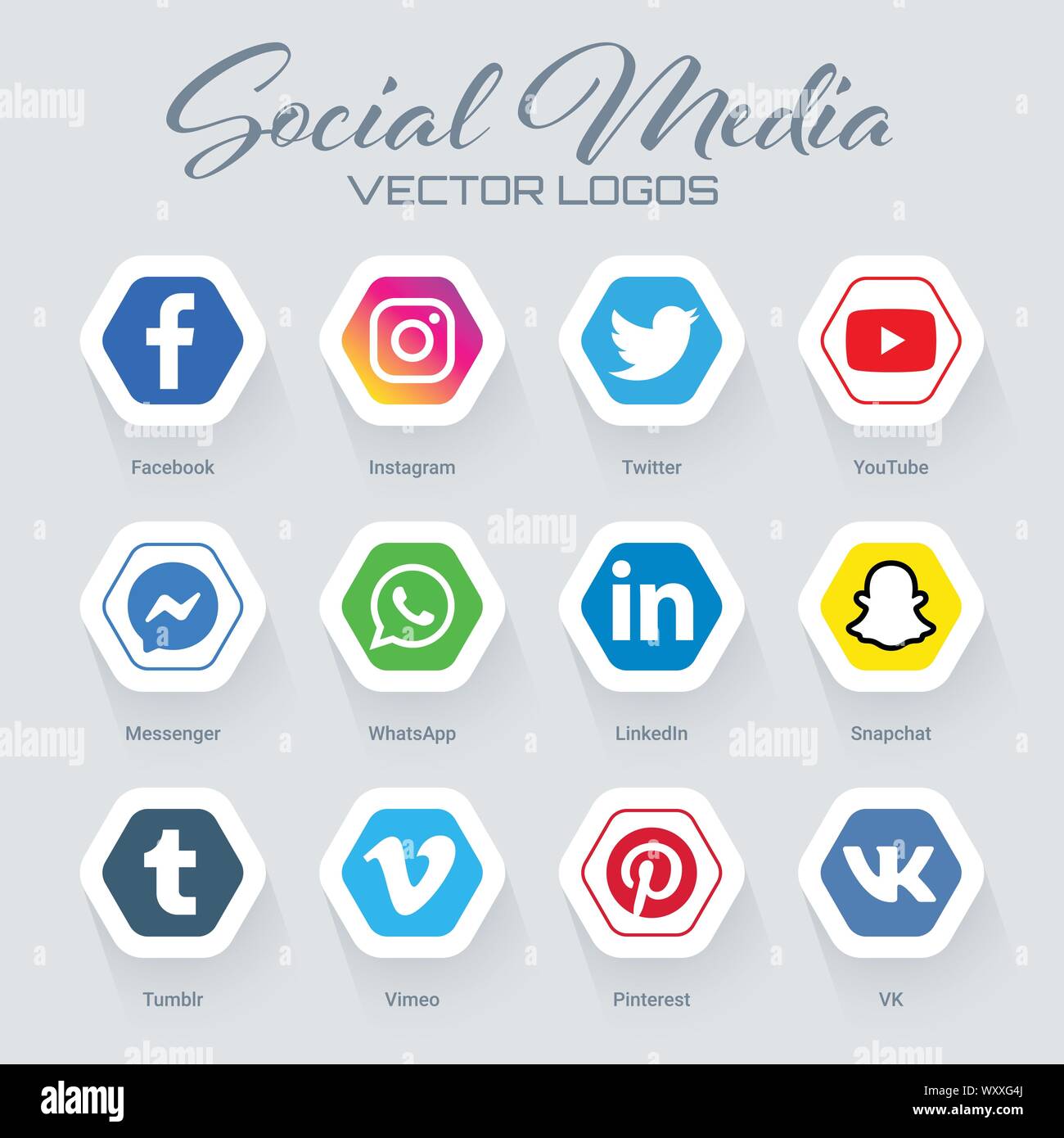 Sammlung von beliebten Social Media Logos in den sechseckigen Form. Instagram, Facebook, Twitter, Youtube, whatsapp, Pöcking, snapchat, Linkedin, tumblr, me Stock Vektor