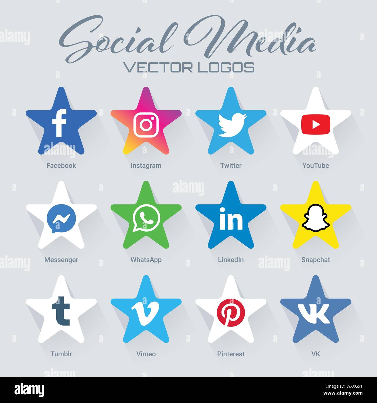 Sammlung von beliebten Social Media Logos in Sternform. Instagram, Facebook, Twitter, Youtube, whatsapp, Pöcking, snapchat, Linkedin, tumblr, messen Stock Vektor