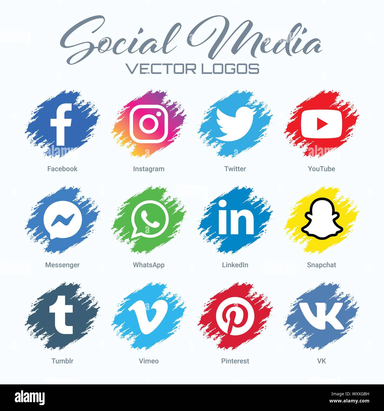 Sammlung von beliebten Social Media Logos auf gebürstetem Hintergründe. Instagram, Facebook, Twitter, Youtube, whatsapp, Pöcking, snapchat, Linkedin, tumbl Stock Vektor