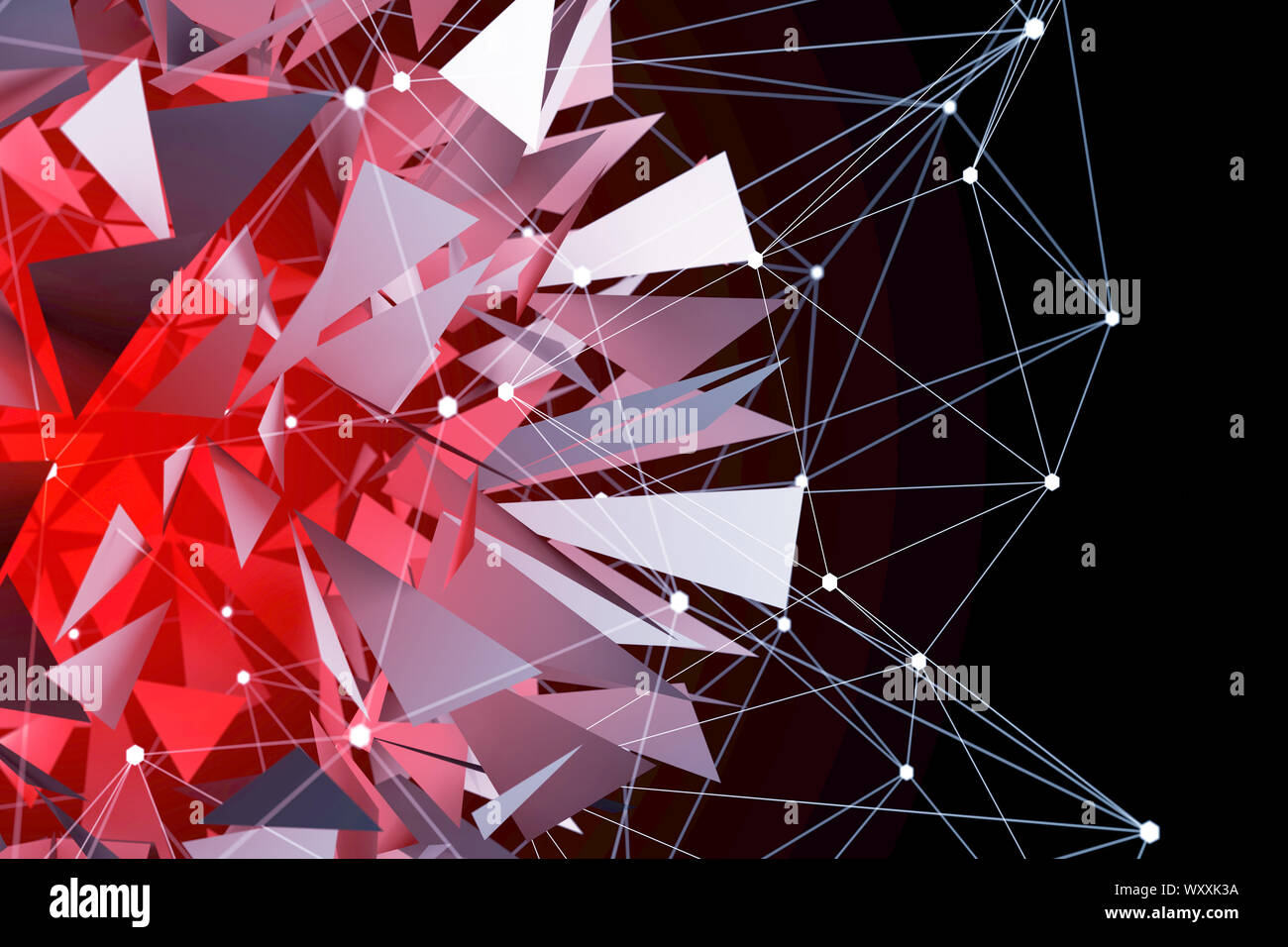 3D-Illustration Rendering. Rot glühenden Kugel Orb mit Shattered Glas steigende hinter einem weißen 3D-Grid. Abstract creative tech Design Hintergrund. Stockfoto