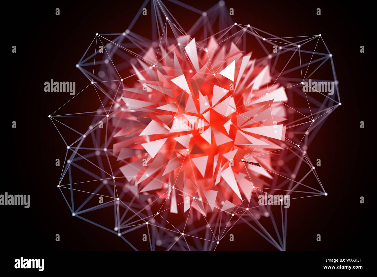 3D-Illustration Rendering. Rot glühenden Kugel Orb mit Shattered Glas steigende hinter einem weißen 3D-Grid. Abstract creative tech Design Hintergrund. Stockfoto