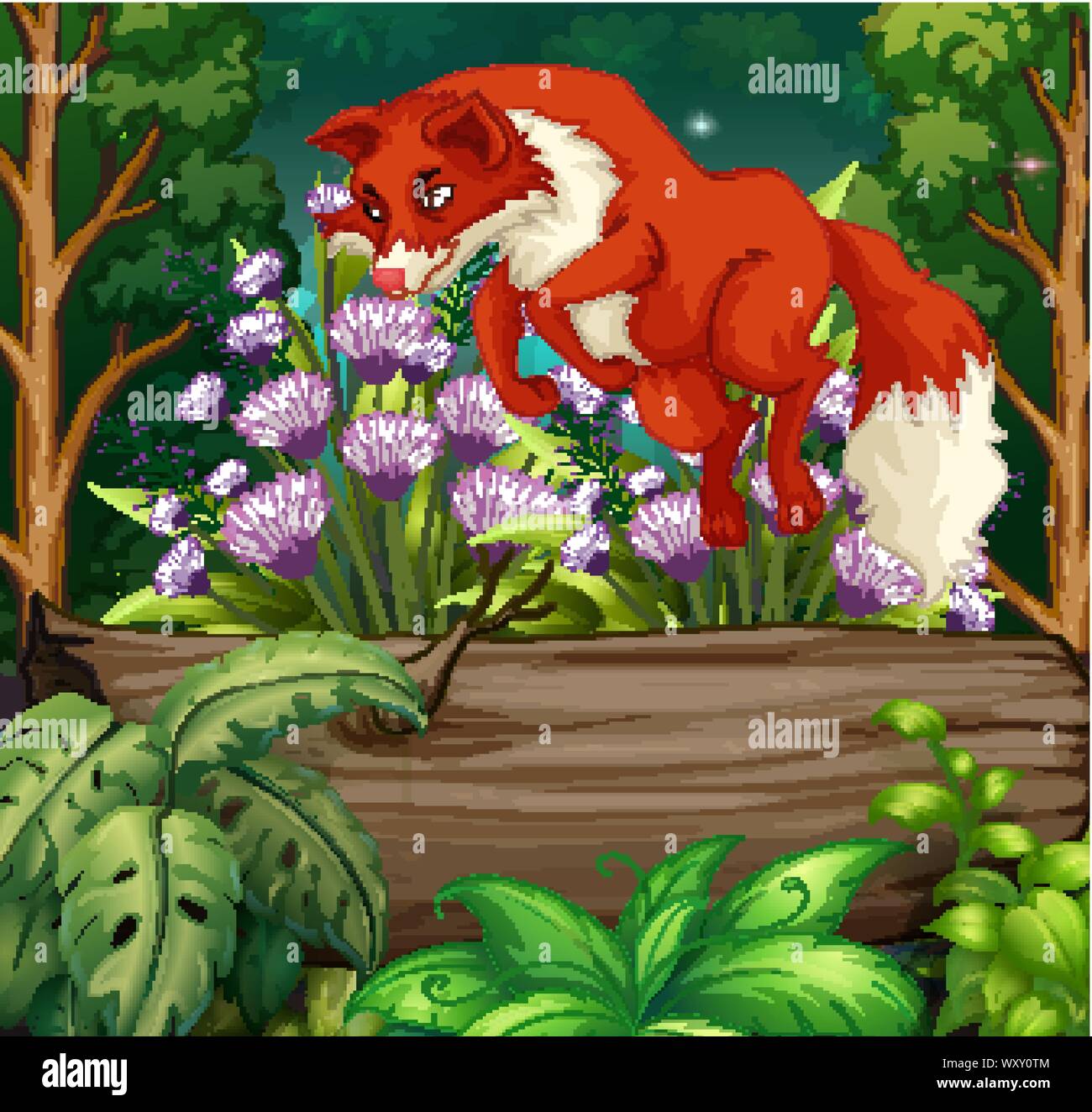 Natur Szene mit Red Fox springen über Abbildung Log Stock Vektor