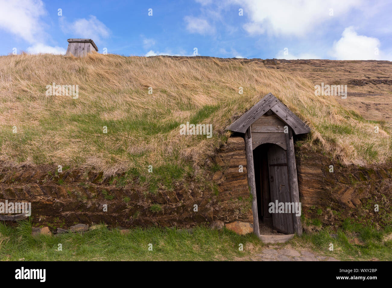 BUOARDALUR, ISLAND - Eiriksstadir, Viking Langhaus, die Erholung von Eric dem Roten 10. Jahrhundert Homestead. Stockfoto