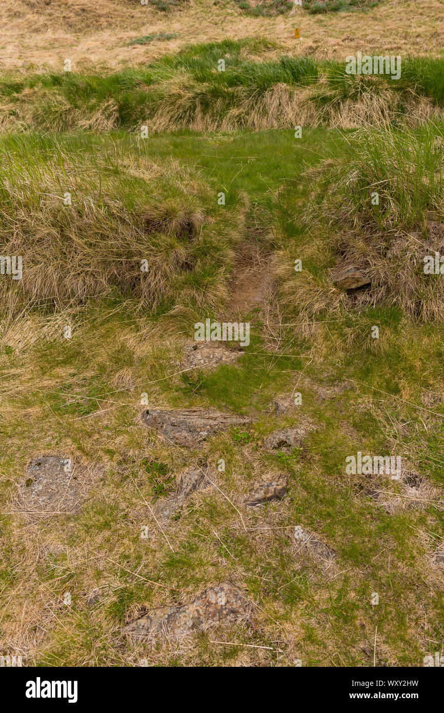 BUOARDALUR, ISLAND - Ancient House Website von Eiriksstadir, Viking Langhaus, an Eric der Rote Homestead. Stockfoto