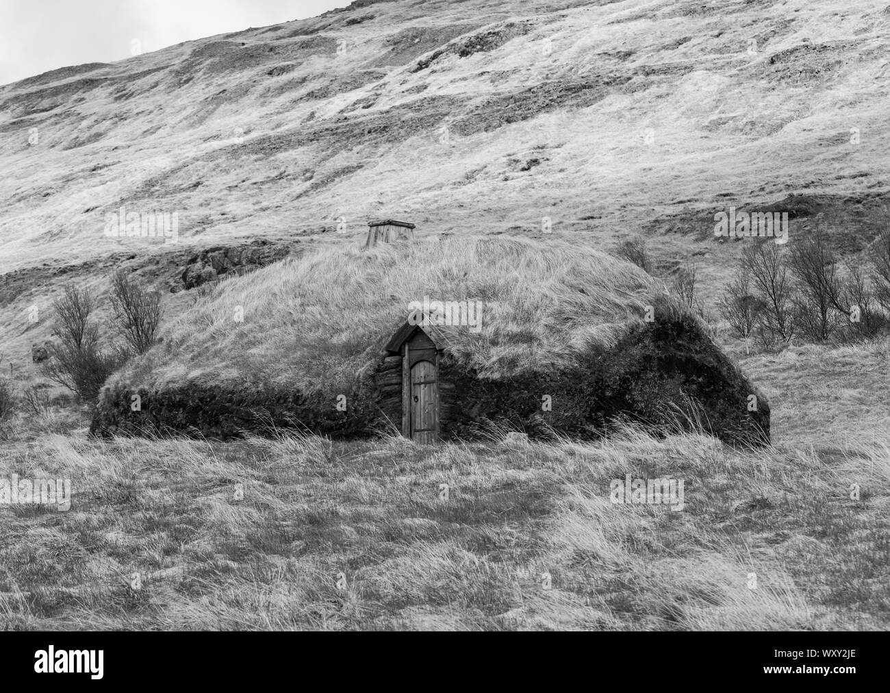 BUOARDALUR, ISLAND - Eiriksstadir, Viking Langhaus, die Erholung von Eric dem Roten 10. Jahrhundert Homestead. Stockfoto