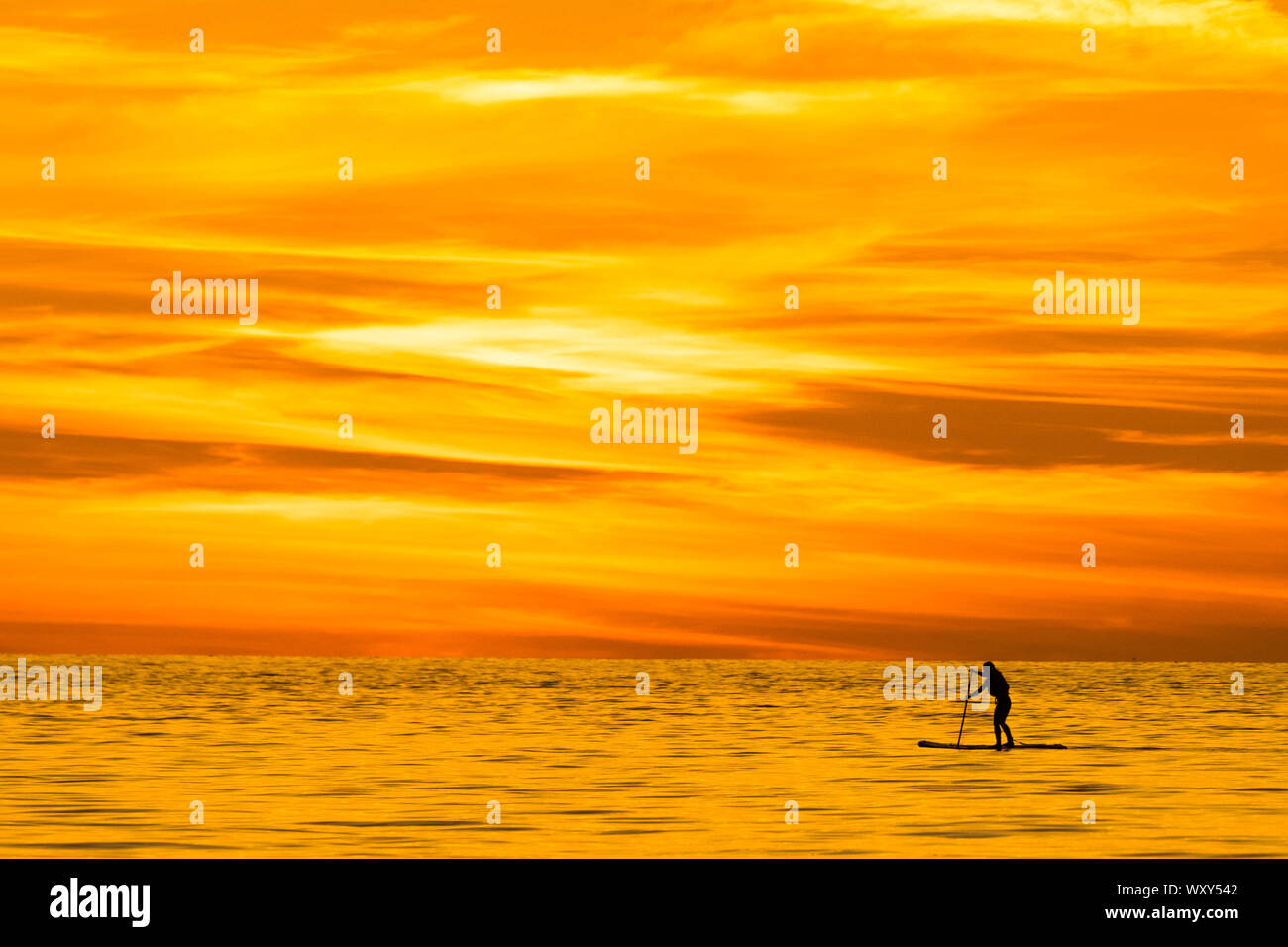 Aberystwyth, Großbritannien. 18 Sep, 2019. Aberystwyth Wales UK, Mittwoch, 18. September 2019 die Sonne herrlich über die Cardigan Bay Silhouetten einer Person Paddel - Boarding auf das ruhige Meer am Ende eines ununterbrochenen klaren blauen Himmel und warmen September Sonnenschein in Aberystwyth, als die 'Indian Summer' mini Hitzewelle weiterhin über die südlichen Teile des UK Credit: Keith Morris/Alamy leben Nachrichten Stockfoto