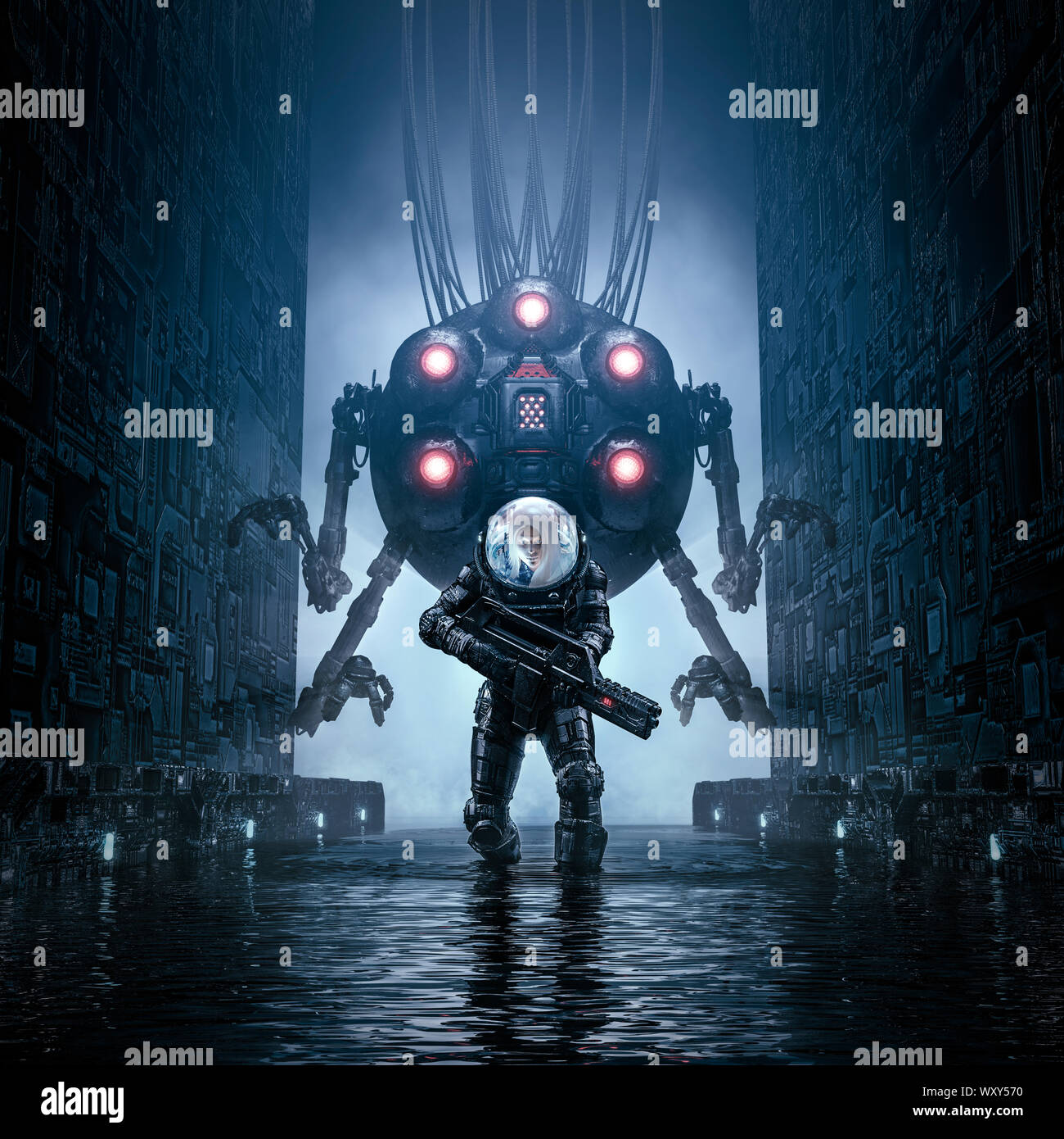 Zwei auf Patrouille/3D-Darstellung der science fiction Szene mit weiblichen militärischen Astronaut Erkundung wässrige Korridor mit riesigen Roboter Stockfoto