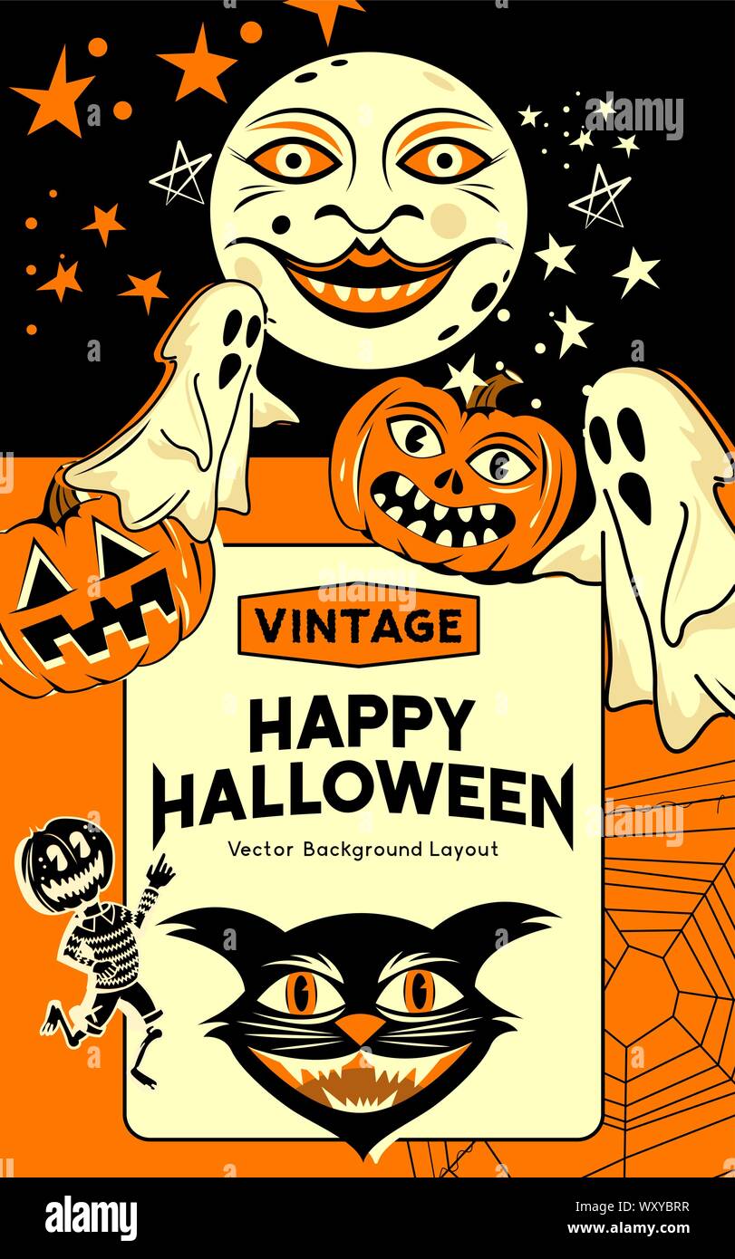 Ein Vintage und retro style Halloween Party Einladung Hintergrund mit klassischen Zeichen und Symbole wie Geister, Kürbisse und eine schwarze Katze. Vektor krank Stock Vektor