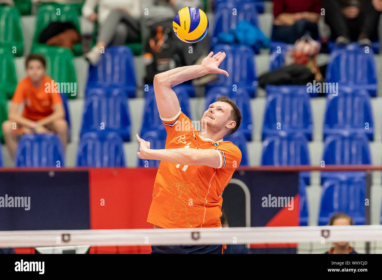 Amsterdam, Niederlande. 18 Sep, 2019. AMSTERDAM, 18-09-2019, Sporthallen Zuid, Europäische Meisterschaft Volleyball niederländische Spieler Michael Parkinson während des Spiels Niederlande - Tschechien Credit: Pro Schüsse/Alamy leben Nachrichten Stockfoto