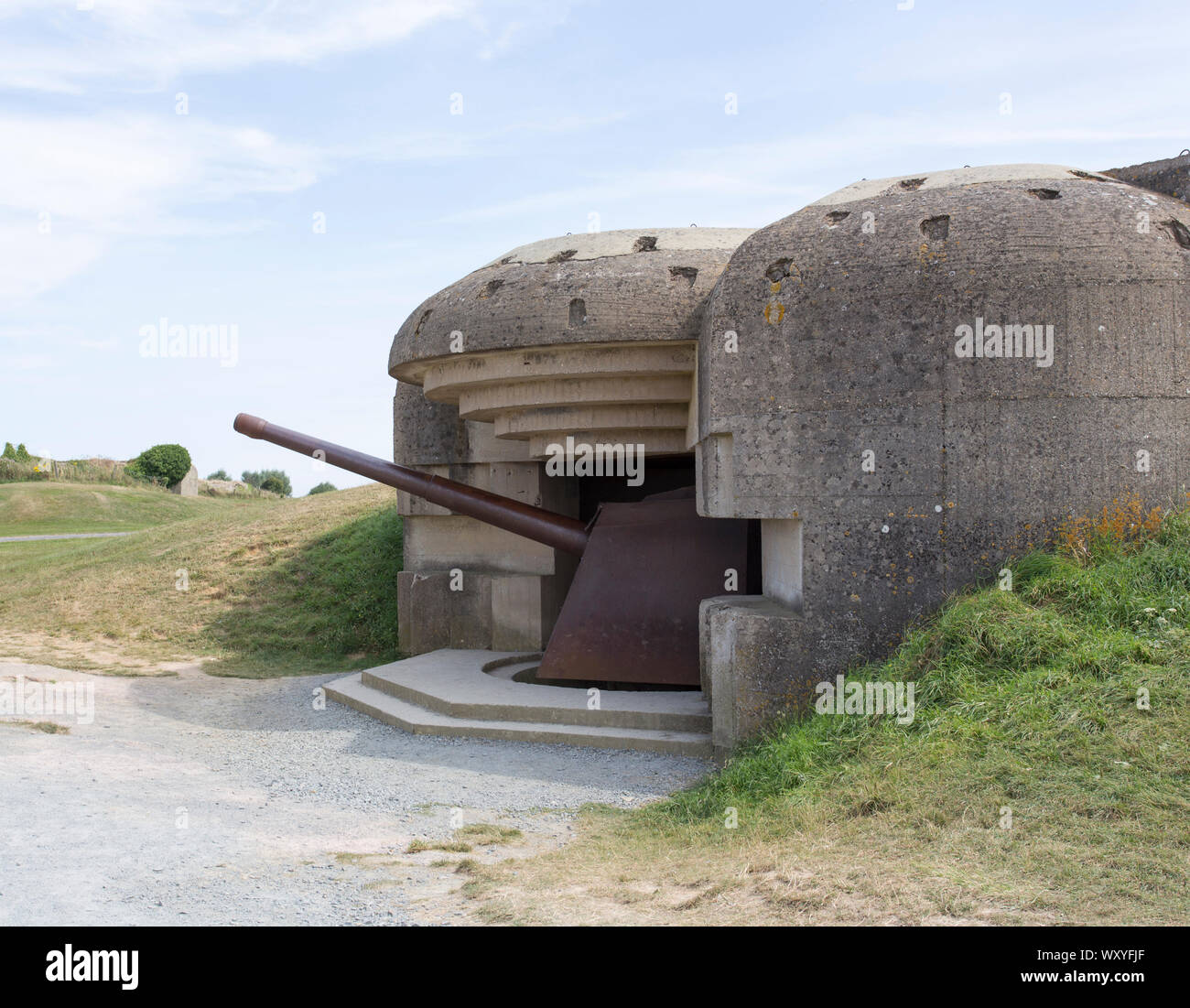 Longues-sur-Mer, Frankreich - 14 August 2018: Weltkrieg Verteidigung batterie Longues sur Mer Stockfoto