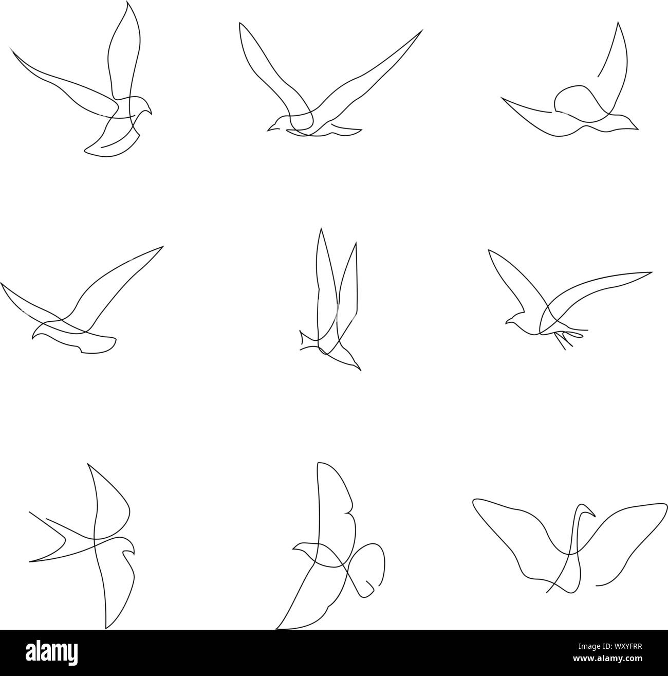 Eine Zeile Vogel. Vögel Sammlung. Hand gezeichnet. Vector Illustration Stock Vektor
