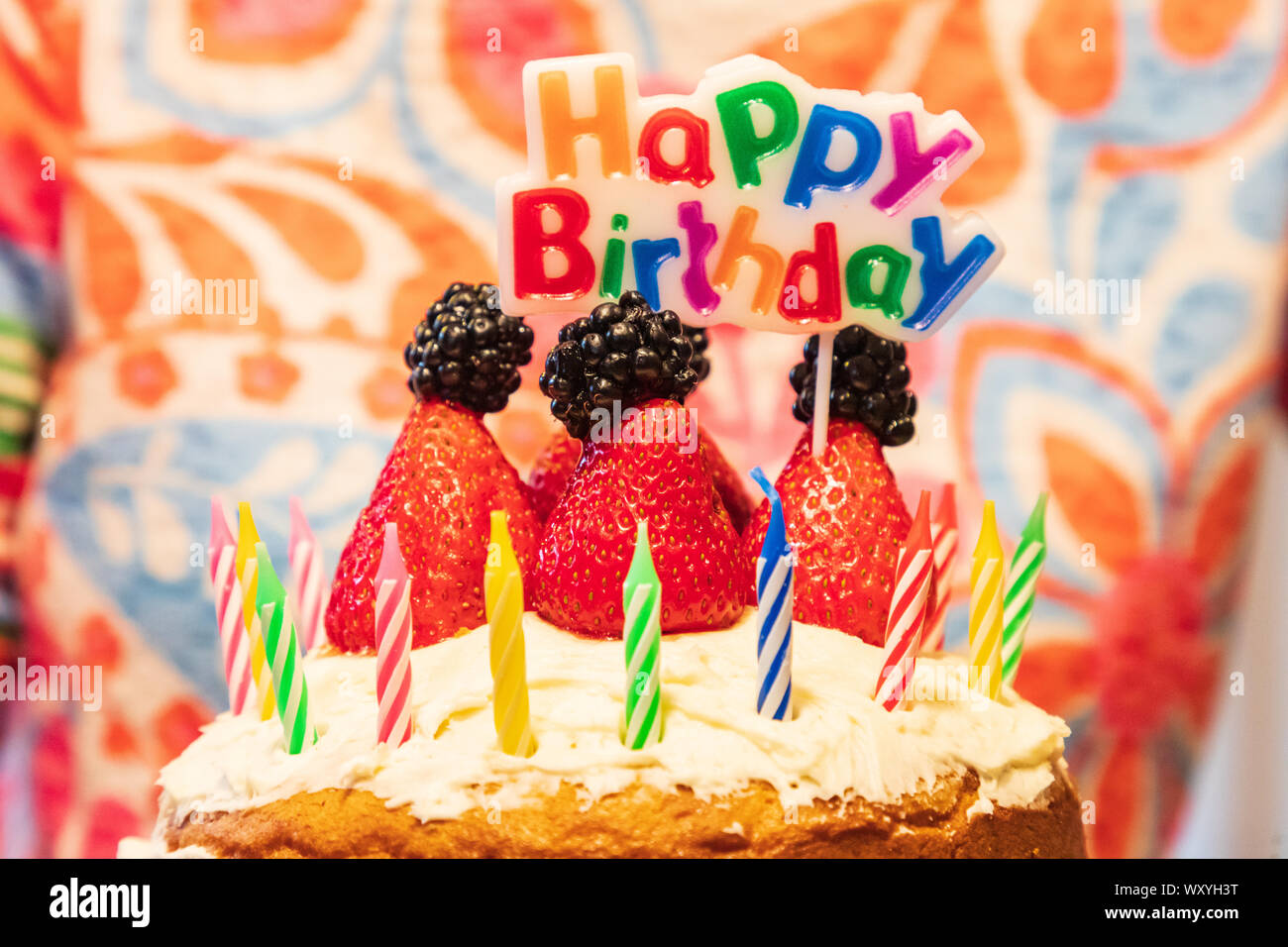 Geburtstag Kuchen mit Kerzen, Erdbeeren, Brombeeren und ein Schild mit der Aufschrift "Happy Birthday". Stockfoto
