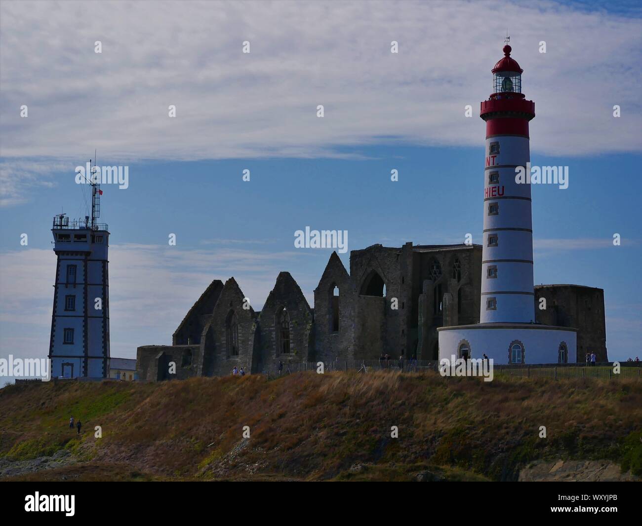 Abbaye de Saint-Mathieu Fine-Terre, Phare Pointe Saint Mathieu, Phare Blanc et Rouge, Phare Saint Mathieu Stockfoto