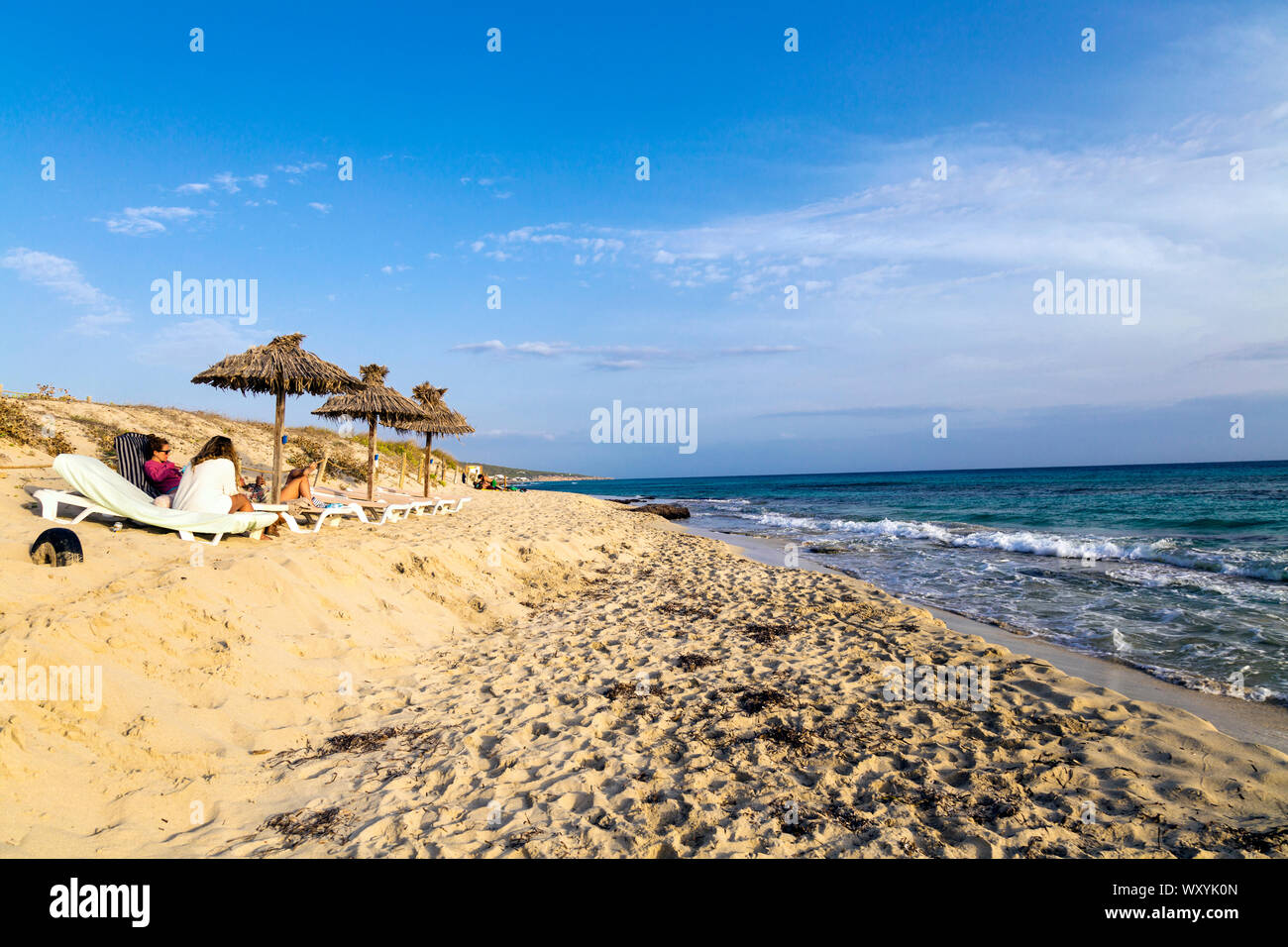 Strohschirme und Sonnenliegen am Strand von Playa de Migjorn, Formentera, Balearen, Spanien Stockfoto