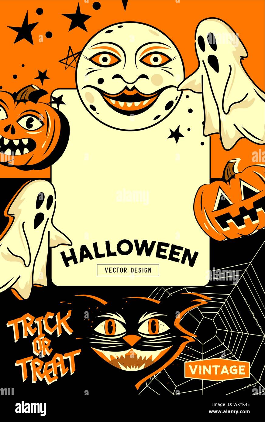 Ein Vintage und retro style Halloween Party Einladung Hintergrund mit klassischen Zeichen und Symbole wie Geister, Kürbisse und eine schwarze Katze. Vektor illu Stock Vektor
