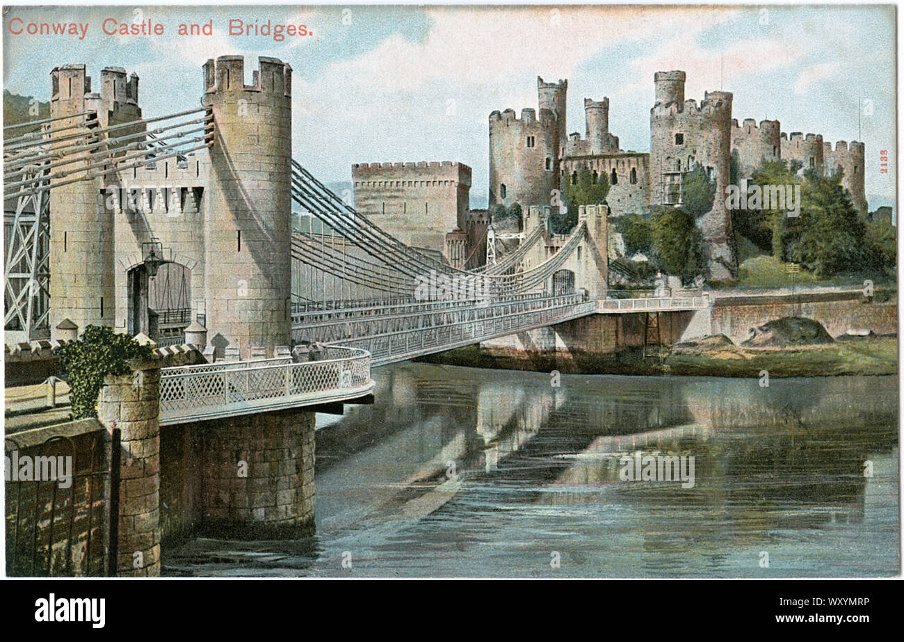 Conwy Castle und Brücke, Conwy, Wales, Pfau 'Autochrom' Postkarte, bildliche Stationäre Company, Ltd., London, 1910 Stockfoto