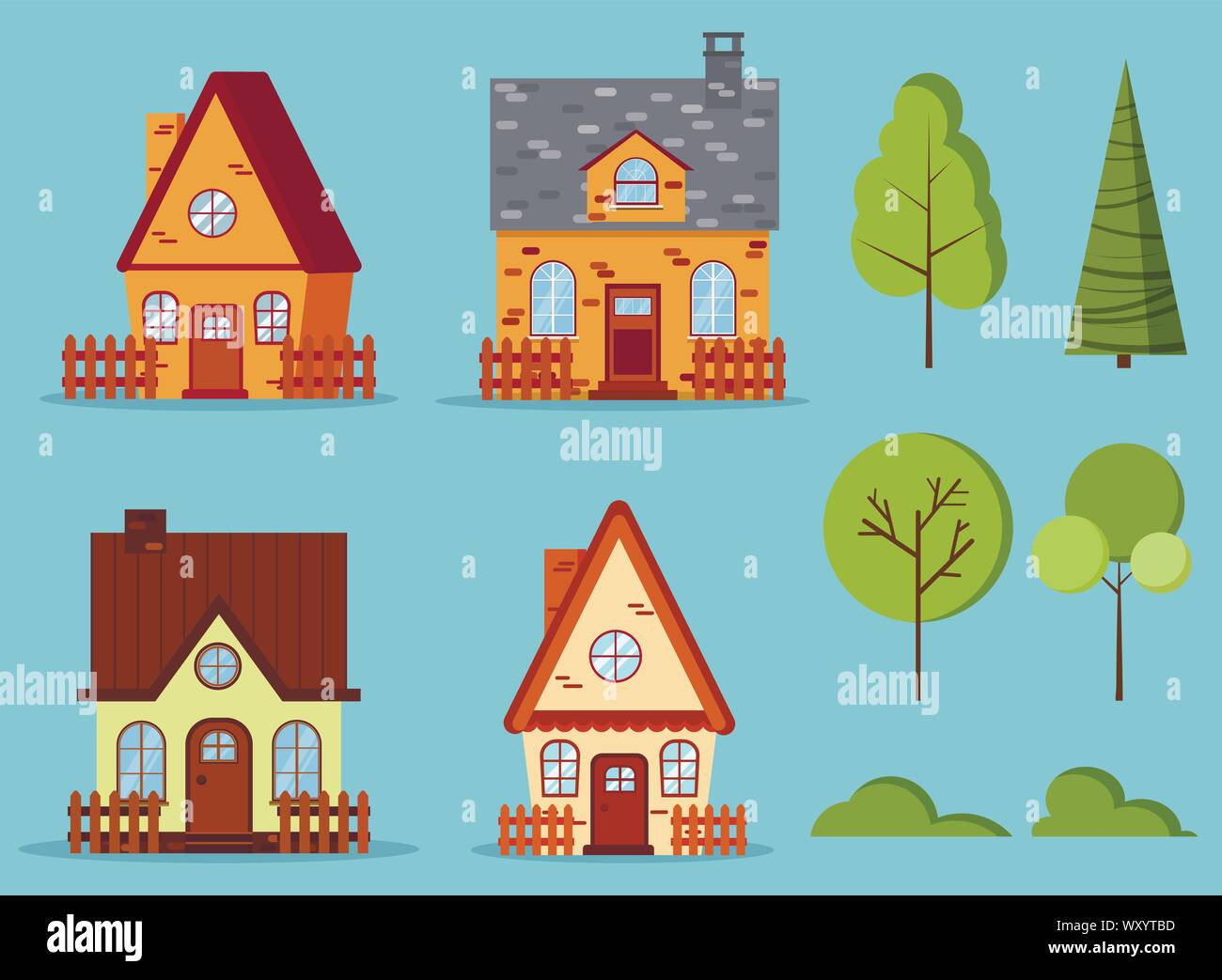 Eingestellt von isolierten ländlichen Bauernhof aus rotem Backstein und Gelbe Häuser mit Dachgeschoss, Schornstein, Zäune. Stock Vektor