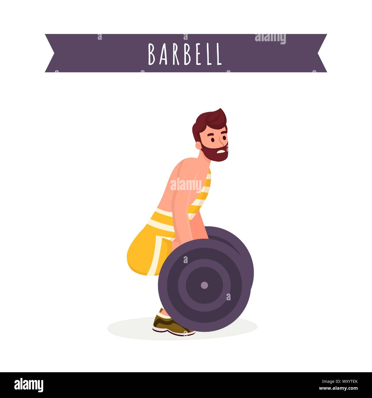 Schweres Heben flach Vector Illustration. Junge Bodybuilder in Sportbekleidung, Profisportler ausarbeiten mit Langhantel cartoon Charakter. Rückenmuskulatur training, powerlifting Wettbewerb banner Stock Vektor