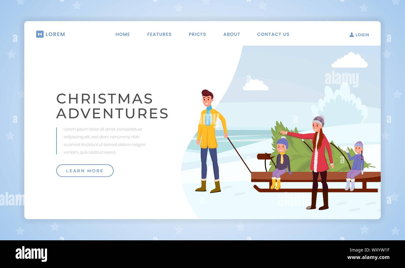 Weihnachten adventure landing page Vektor Vorlage. Urlaub tradition Homepage Schnittstelle Idee mit Illustrationen. Familie kaufen Tanne, frohes neues Jahr, xmas Web Banner cartoon Konzept Stock Vektor