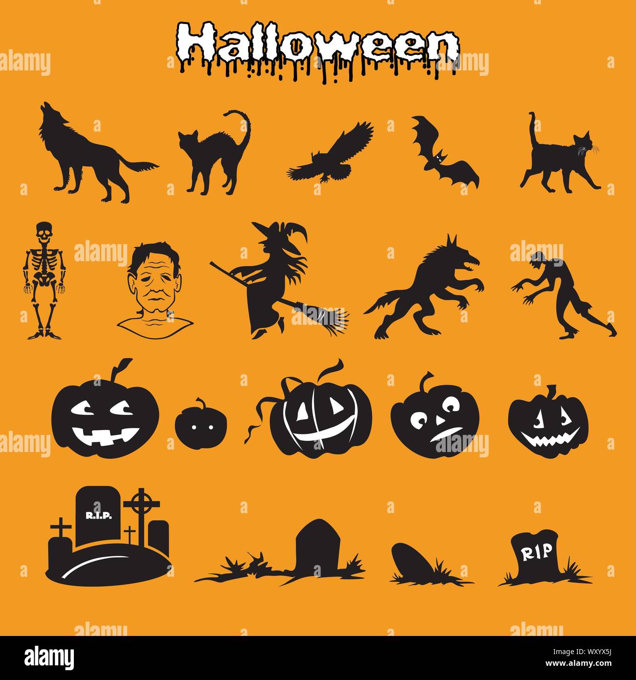 Vektor einrichten der verschiedenen Halloween Symbole Silhouette in der Farbe Schwarz (Skelett, Frankenstein, Hexe, Zombie, Werwolf, Kürbisse und Gräber) auf Orange ba Stock Vektor