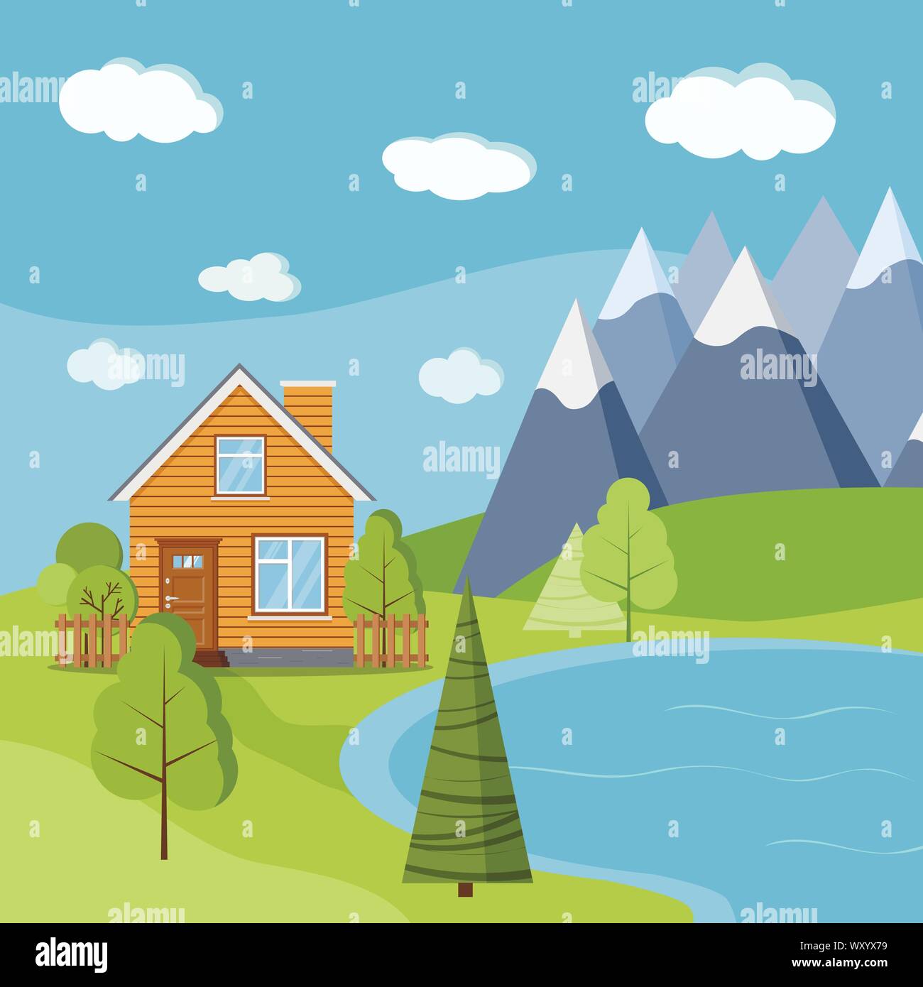 See und Berge Landschaft Szene mit Holz- ländlichen Bauernhof Haus mit Kamin. Stock Vektor