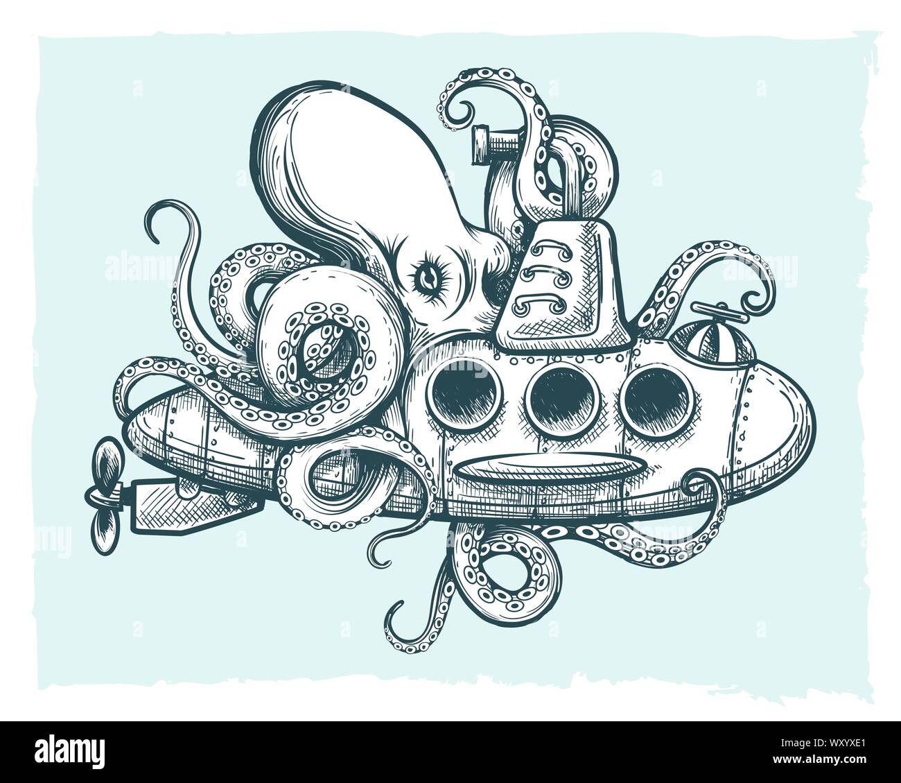 Hand gezeichnet Giant Octopus spielt mit einem U-Boot. Vector Illustration. Stock Vektor