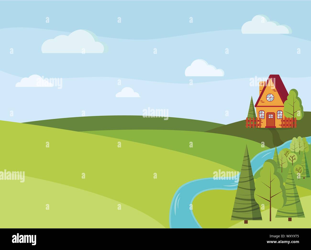 Im Frühling oder im Sommer Landschaft Szene mit Cartoon aus rotem Backstein Country House, grüne Bäume, Fichten, Felder, Wolken, Fluss Stock Vektor