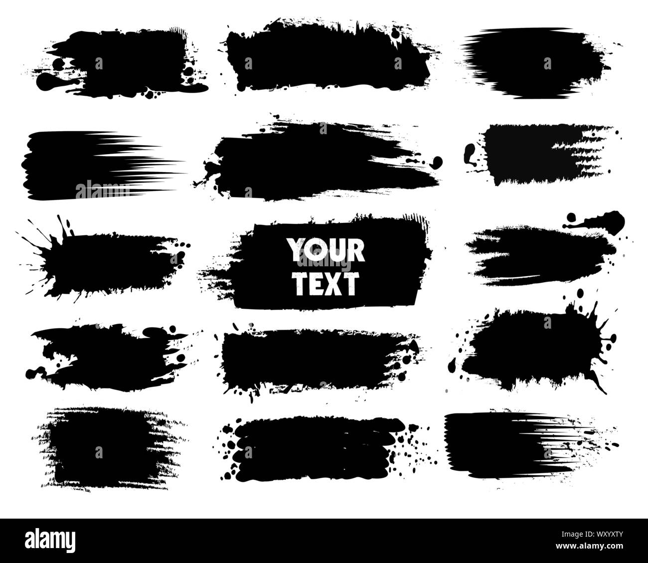 Schwarze Tinte Flecken mit Tropfen Blots isoliert auf Hintergrund. Vector Illustration. Stock Vektor