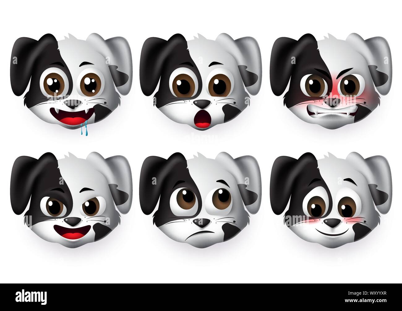 Hunde emoticon Vektor einrichten. Welpe Hund emojis mit verärgerten und schüchtern Ausdruck für Zeichen und Symbole, die in weißem Hintergrund. Vector Illustration 3d. Stock Vektor