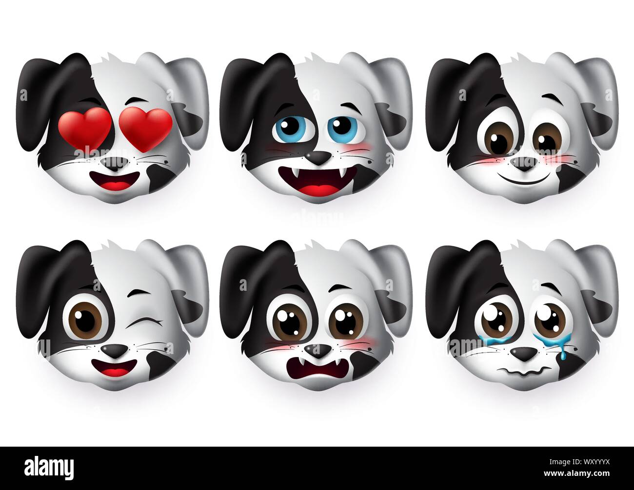 Hund emoticon Vektor einrichten. Cute Puppy hunde Gesicht Emoticons und emojis in lustigen und schüchtern Mimik in weißem Hintergrund. Stock Vektor
