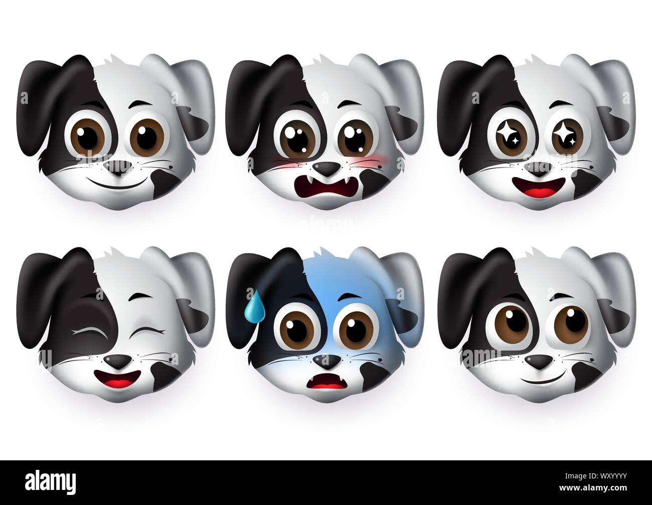 Emoji hunde Vektor einrichten. Emoticons und emojis von puppy dog Gesicht in aufgeregt und ängstlich Stimmung und Emotion in weißem Hintergrund. Vector Illustration Stock Vektor