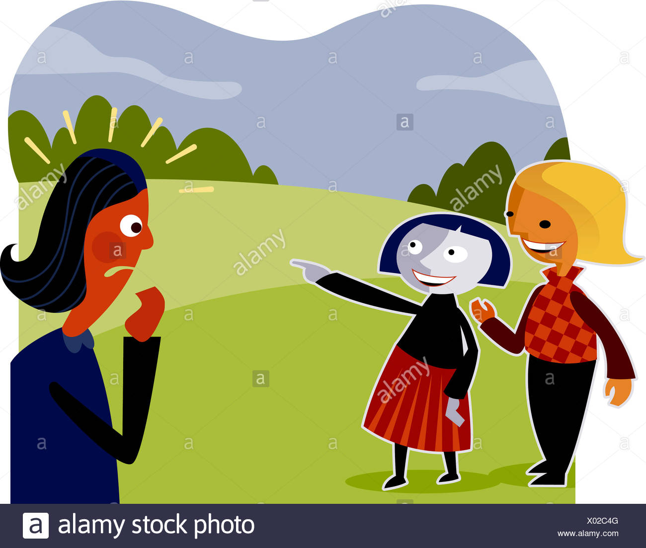 Zwei Madchen Die Sich Lustig Machen Uber Einen Anderen Mitschuler Stockfotografie Alamy