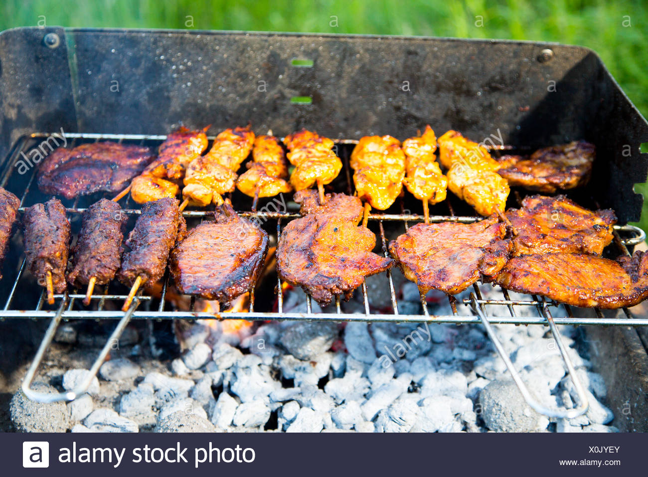 Verschiedene Fleisch Sorten Im Garten Grillen Stockfotografie Alamy
