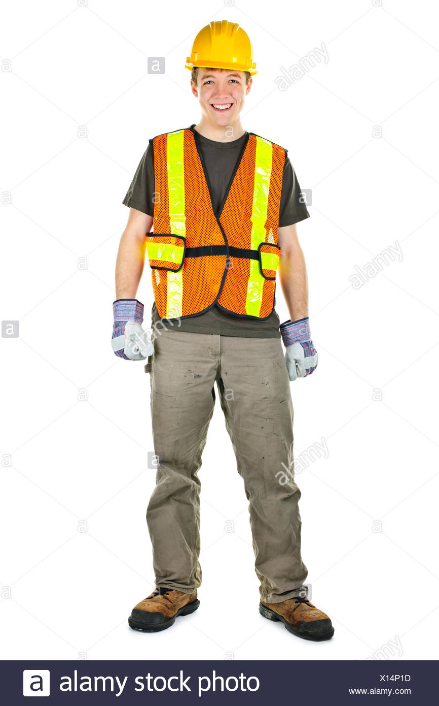 Glucklich Mannlichen Bauarbeiter Stehen In Warnweste Und Schutzhelm Stockfotografie Alamy