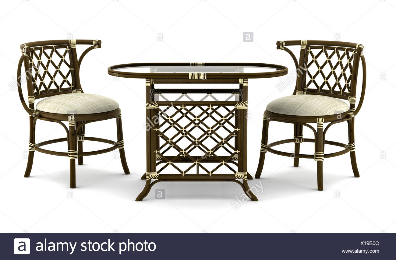 Braun Rattan Tisch Mit Stuhlen Isoliert Auf Weiss Stockfotografie Alamy