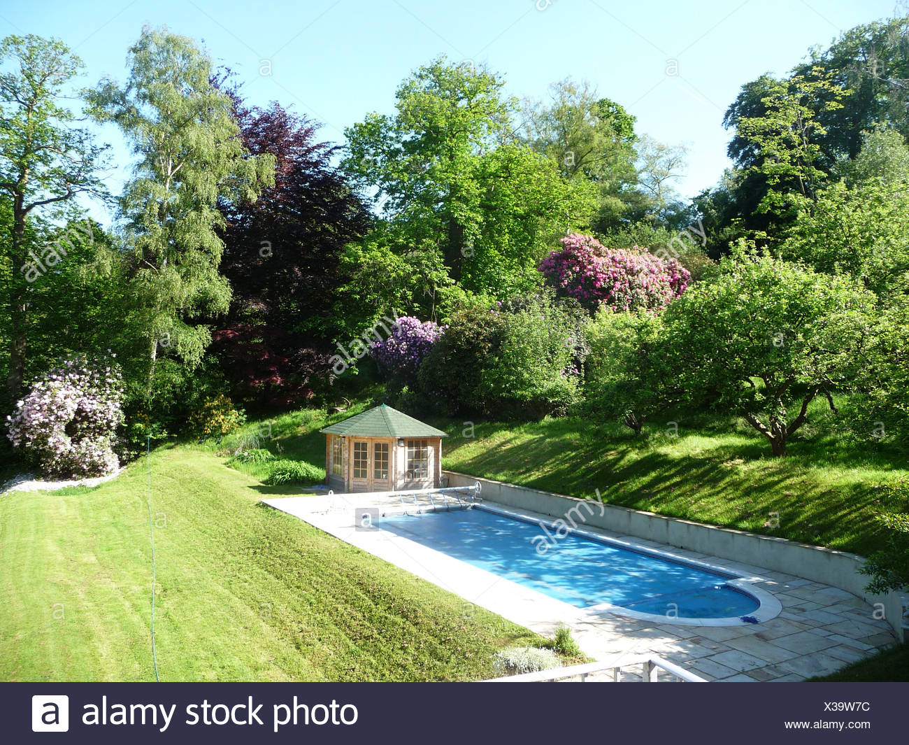 Garten Bild Mit Swimmingpool Gartenhaus Grune Wiese Umgeben Von Bluhenden Obstbaumen Stockfotografie Alamy