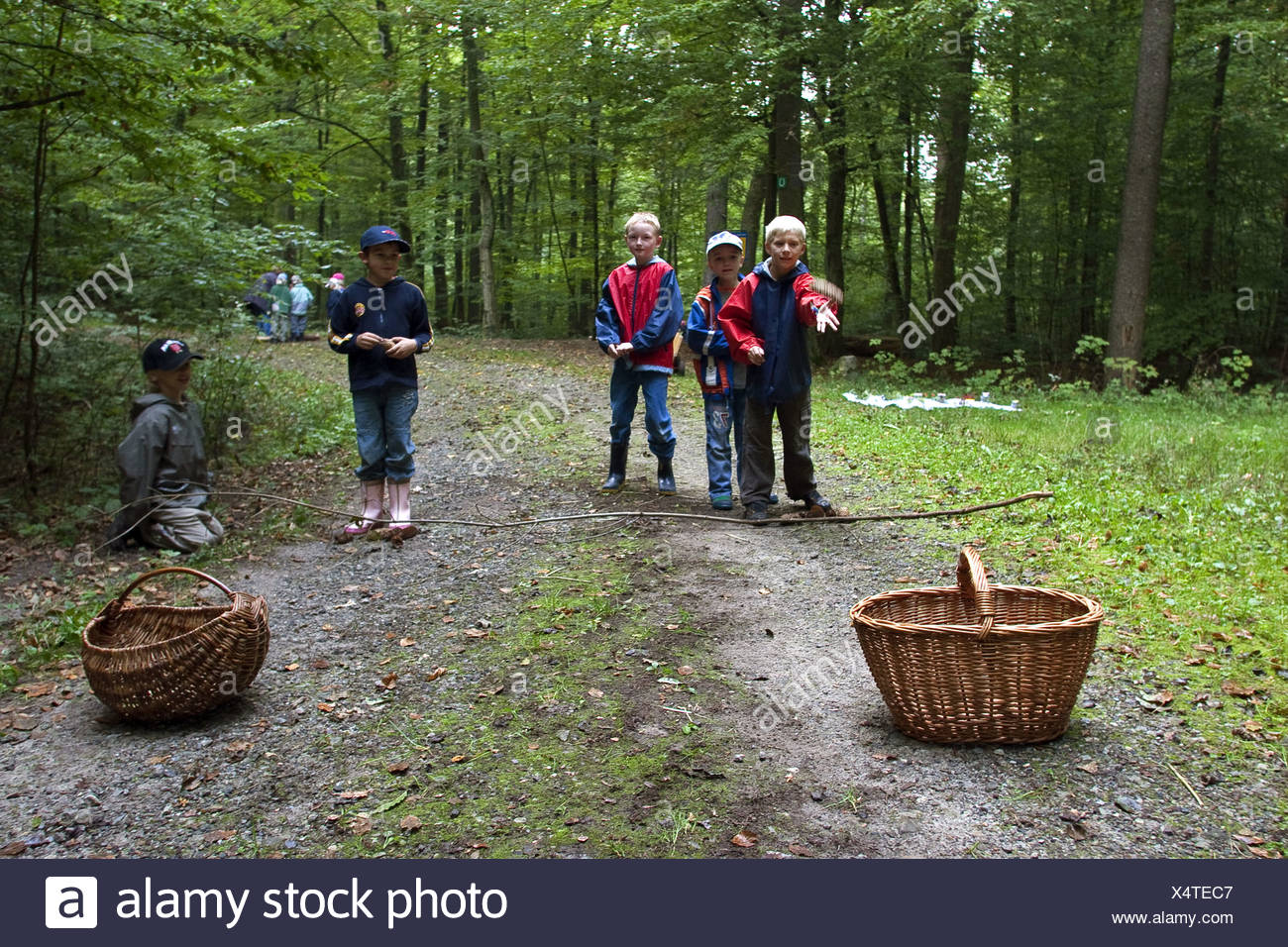 Wald Spiele Kinder Werfen Kegel In Einem Korb Deutschland Stockfotografie Alamy