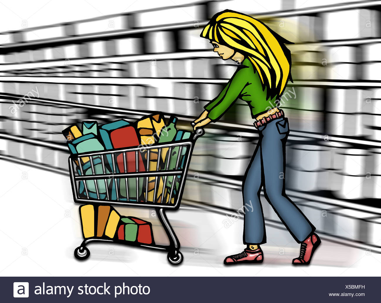 Abbildung Manga Supermarkt Frau Junge Blonde Einkaufen Einkaufswagen Regale Grafik Zeichnung Comic Zeichnung Comic Mangastil Stockfotografie Alamy