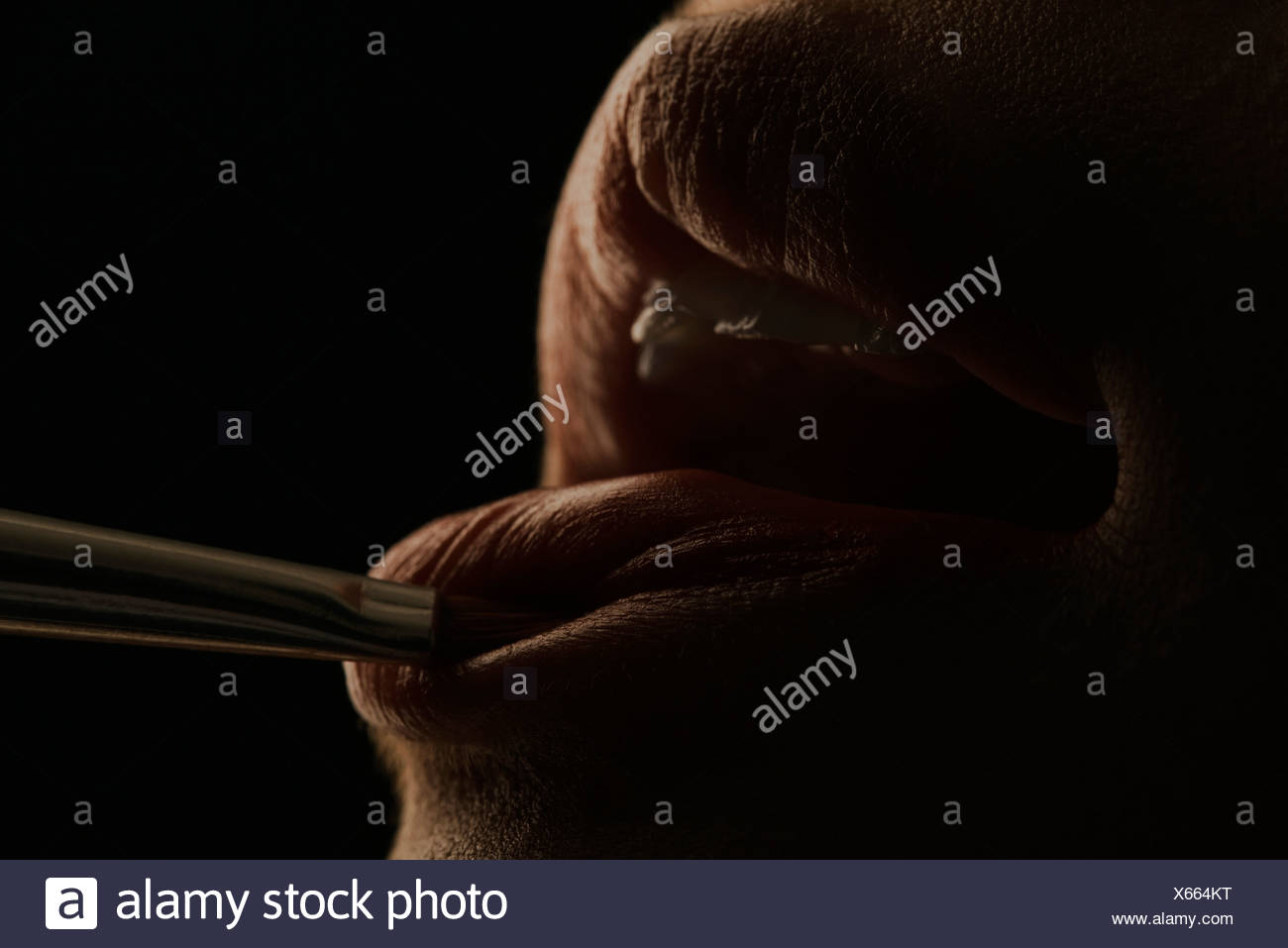 Frau, die Anwendung von Kosmetika mit Pinsel, extreme Nahaufnahme Stockfoto